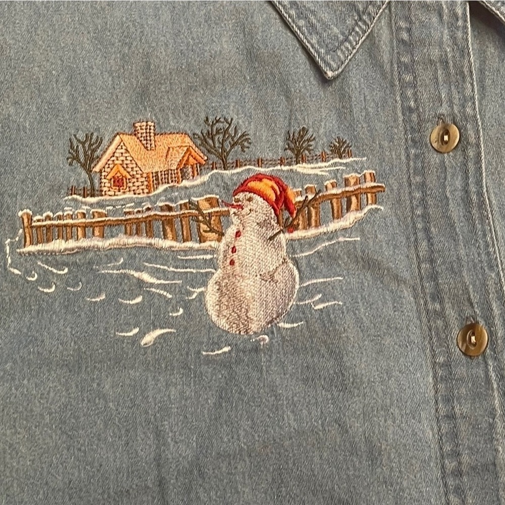 Passion Denim Embroidered Shirt Womens XL Snowman Embroidered Winter Holidays‎